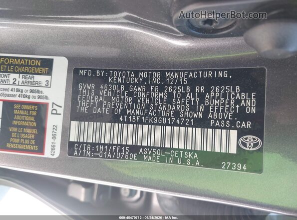 4T1BF1FK9GU174721 2016 TOYOTA CAMRY Серый Вид подкапотного пространства