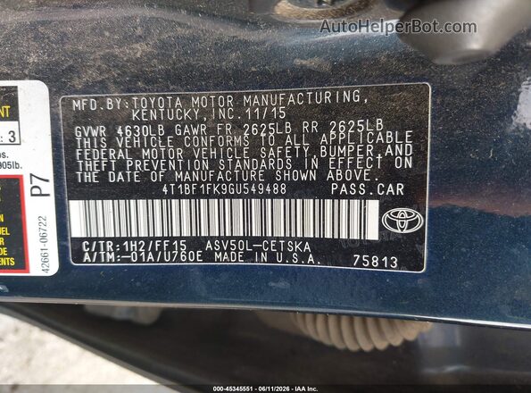 4T1BF1FK9GU549488 2016 TOYOTA CAMRY Blue Widok komory silnika