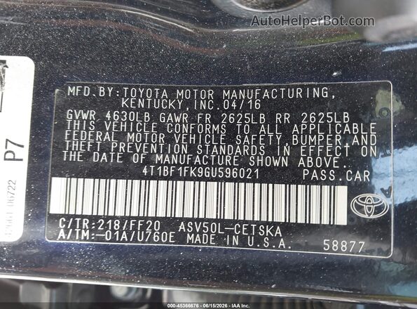 4T1BF1FK9GU596021 2016 TOYOTA CAMRY Black Engine compartment view