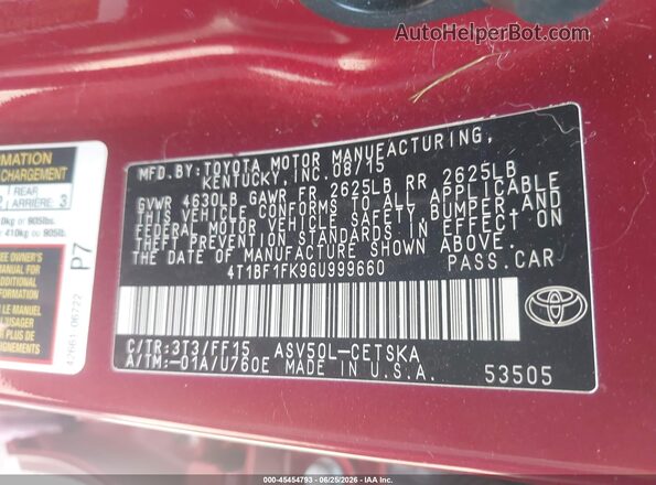 4T1BF1FK9GU999660 2016 TOYOTA CAMRY Красный Вид подкапотного пространства
