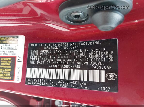 4T1BF1FKXGU576795 2016 TOYOTA CAMRY Red Engine compartment view