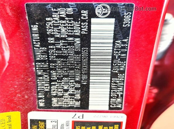 4T1BF1FKXHU620053 2017 TOYOTA CAMRY Красный Вид наклейки с VIN-кодом