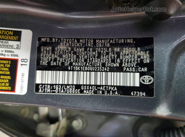 4T1BK1EB0GU235242 2016 TOYOTA AVALON Gray Engine compartment view