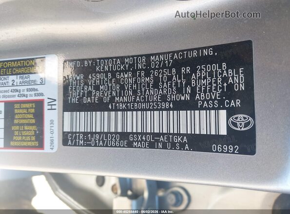 4T1BK1EB0HU253984 2017 TOYOTA AVALON Серебряный Вид подкапотного пространства