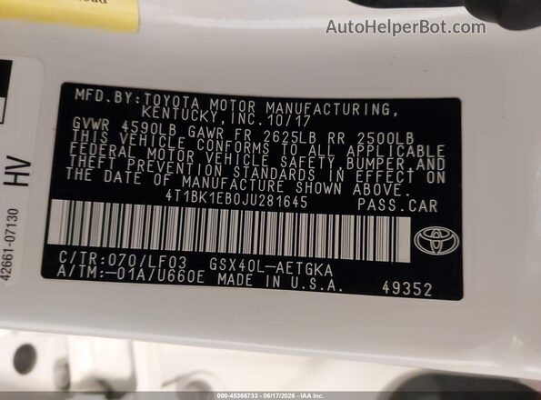 4T1BK1EB0JU281645 2018 TOYOTA AVALON White Widok komory silnika