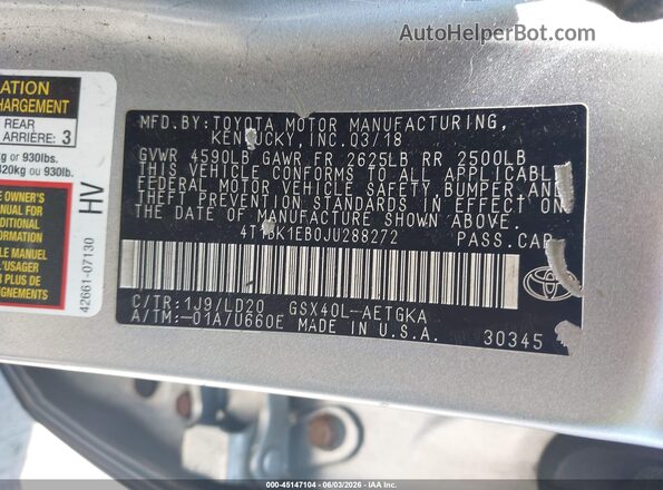 4T1BK1EB0JU288272 2018 TOYOTA AVALON Серебряный Вид подкапотного пространства