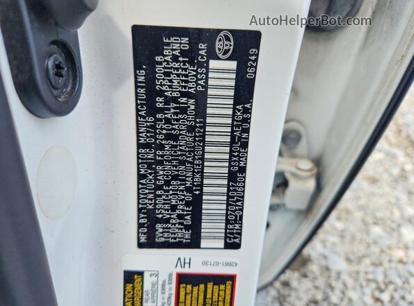 4T1BK1EB1GU211211 2016 TOYOTA AVALON White Շարժիչի բաժամունքի տեսք