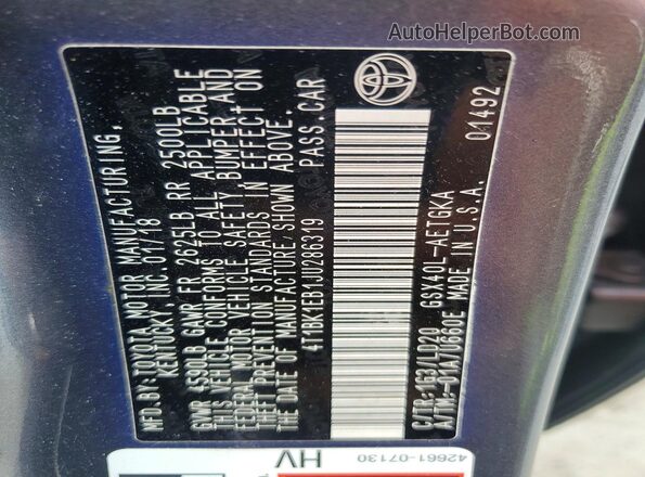 4T1BK1EB1JU286319 2018 TOYOTA AVALON Charcoal VIN კოდის სტიკერის ხედი