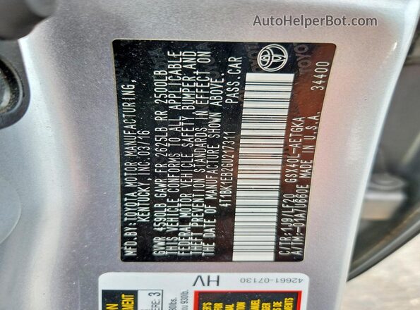 4T1BK1EB2GU217311 2016 TOYOTA AVALON Silver 