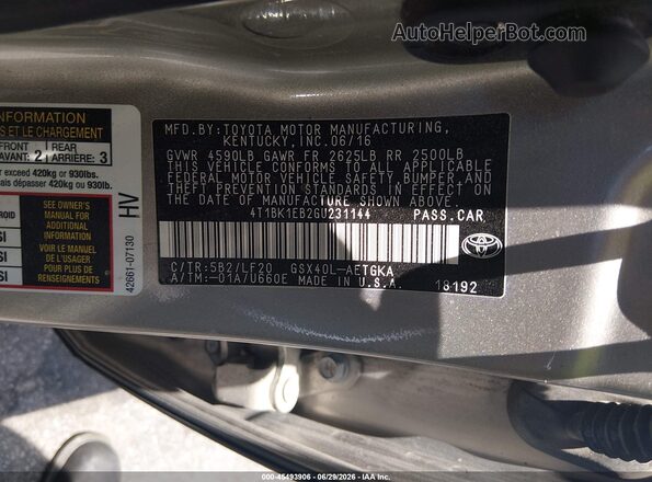 4T1BK1EB2GU231144 2016 TOYOTA AVALON Beige Vista del compartimento del motor