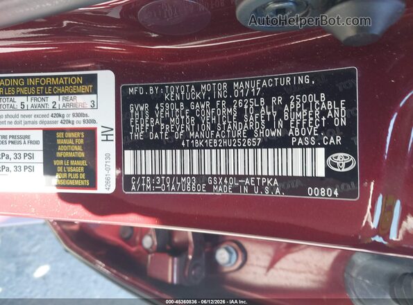 4T1BK1EB2HU252657 2017 TOYOTA AVALON Red ძრავის განყოფილების ხედი
