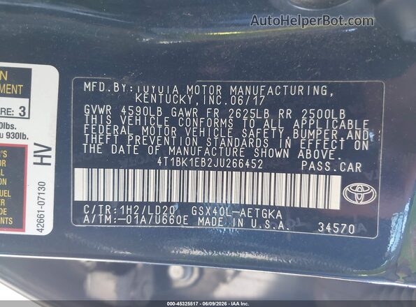 4T1BK1EB2JU266452 2018 TOYOTA AVALON Blue Widok komory silnika