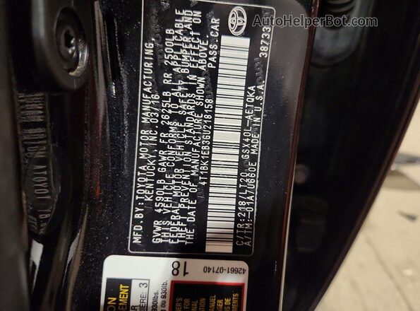 4T1BK1EB3GU218158 2016 TOYOTA AVALON Black Շարժիչի բաժամունքի տեսք