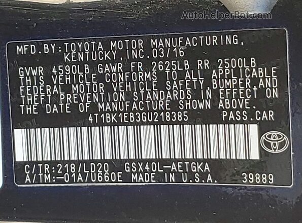 4T1BK1EB3GU218385 2016 TOYOTA AVALON Black Вид підкапотного простору