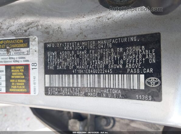 4T1BK1EB4GU222445 2016 TOYOTA AVALON Silver Engine compartment view