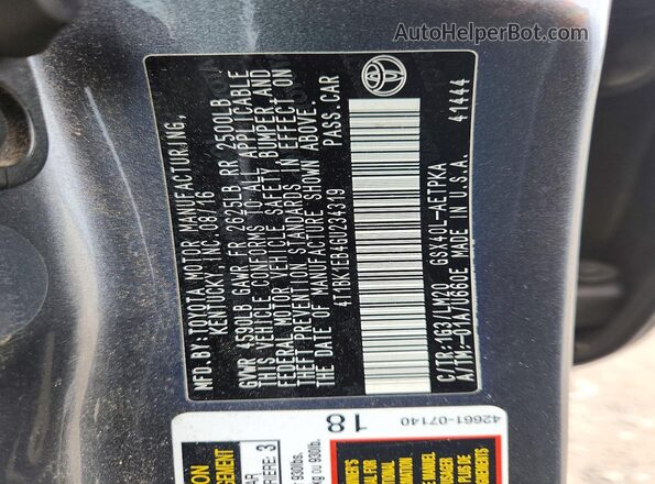 4T1BK1EB4GU234319 2016 TOYOTA AVALON Gray 
