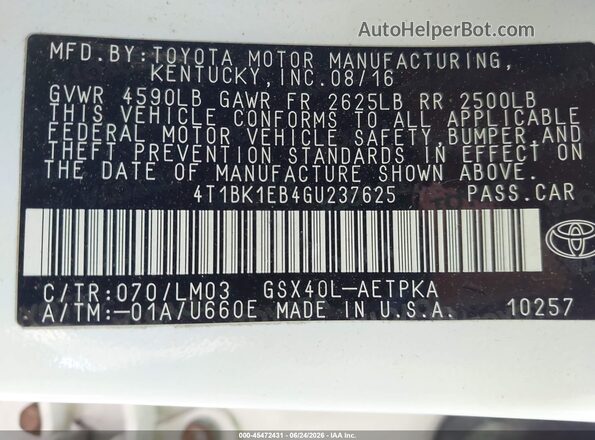 4T1BK1EB4GU237625 2016 TOYOTA AVALON Белый Вид подкапотного пространства