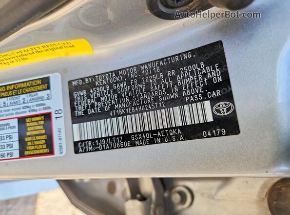 4T1BK1EB4HU245712 2017 TOYOTA AVALON Серебряный Вид наклейки с VIN-кодом