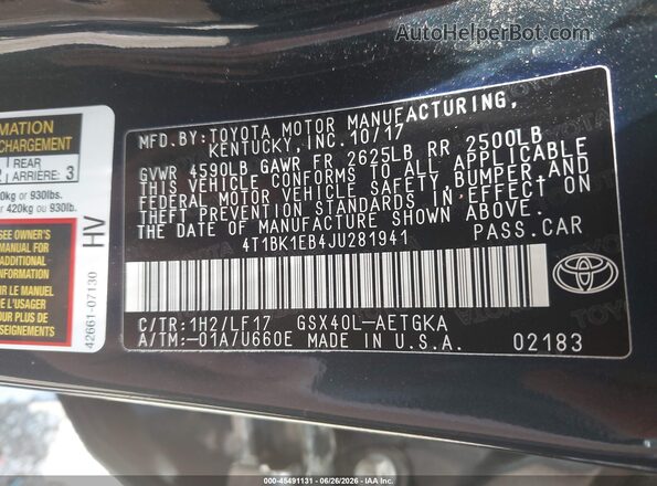 4T1BK1EB4JU281941 2018 TOYOTA AVALON Blue Vista del compartimento del motor