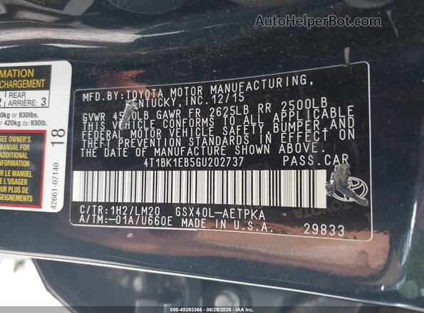 4T1BK1EB5GU202737 2016 TOYOTA AVALON Green Vista del compartimento del motor
