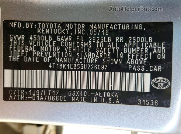 4T1BK1EB5GU226097 2016 TOYOTA AVALON Silver ძრავის განყოფილების ხედი