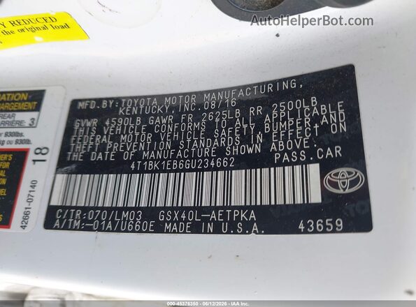 4T1BK1EB6GU234662 2016 TOYOTA AVALON White Вид підкапотного простору