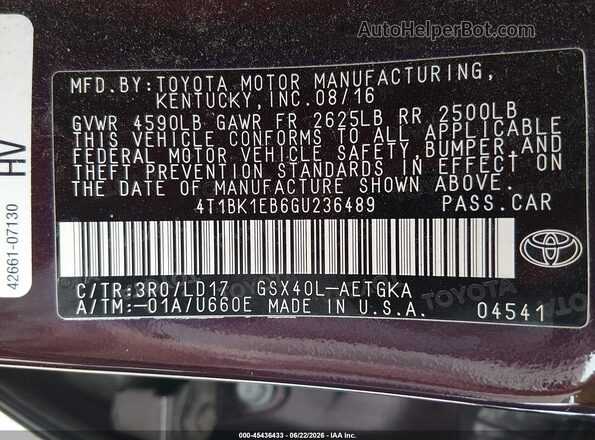 4T1BK1EB6GU236489 2016 TOYOTA AVALON Темно-бордовый Вид подкапотного пространства