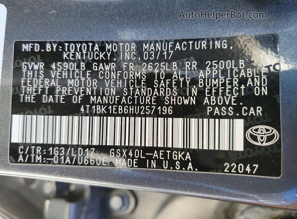 4T1BK1EB6HU257196 2017 TOYOTA AVALON Gray 