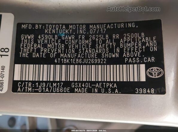 4T1BK1EB6JU269922 2018 TOYOTA AVALON Silver ძრავის განყოფილების ხედი