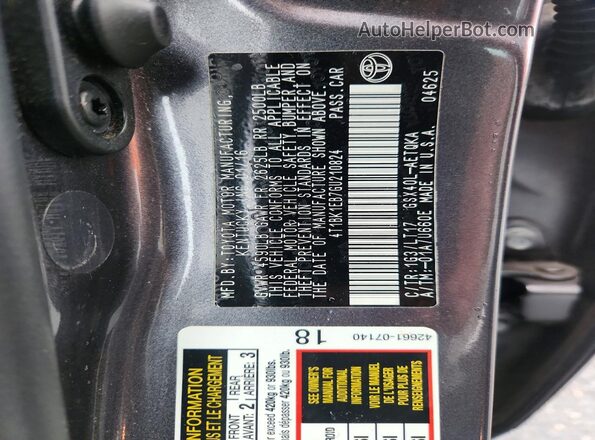 4T1BK1EB7GU210824 2016 TOYOTA AVALON Gray VIN կոդի պիտակի տեսք