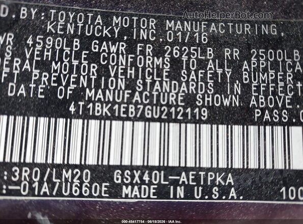 4T1BK1EB7GU212119 2016 TOYOTA AVALON Purple Engine compartment view