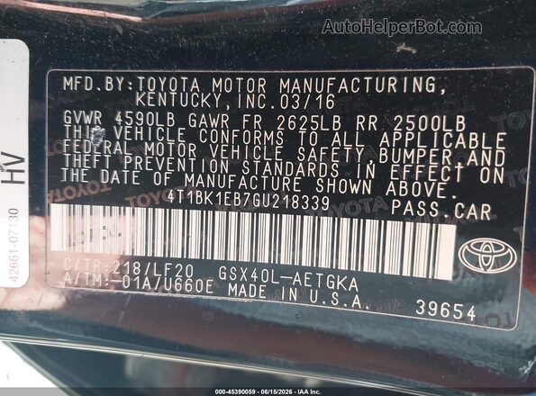 4T1BK1EB7GU218339 2016 TOYOTA AVALON Black 