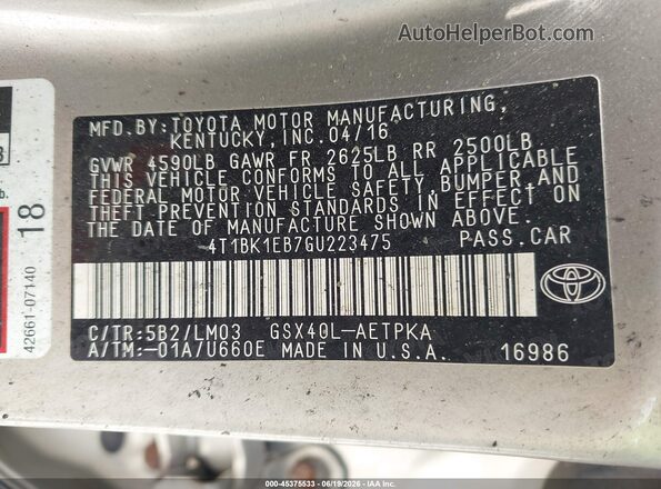 4T1BK1EB7GU223475 2016 TOYOTA AVALON Gold Շարժիչի բաժամունքի տեսք