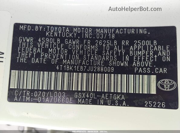 4T1BK1EB7JU288009 2018 TOYOTA AVALON White 