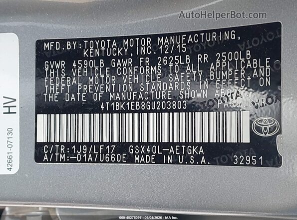 4T1BK1EB8GU203803 2016 TOYOTA AVALON Silver Engine compartment view