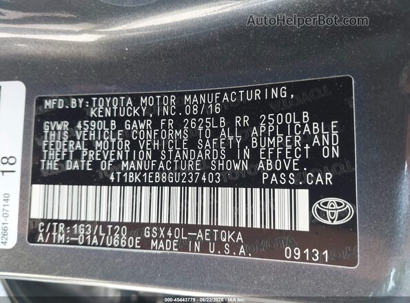 4T1BK1EB8GU237403 2016 TOYOTA AVALON Gray Շարժիչի բաժամունքի տեսք