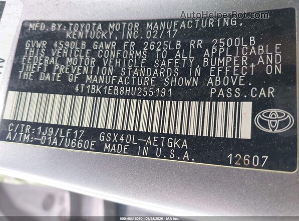 4T1BK1EB8HU255191 2017 TOYOTA AVALON Silver Вид підкапотного простору