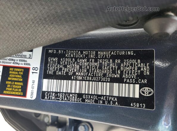 4T1BK1EB8JU273020 2018 TOYOTA AVALON Gray Engine compartment view