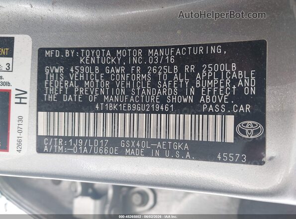 4T1BK1EB9GU219461 2016 TOYOTA AVALON Silver Widok komory silnika