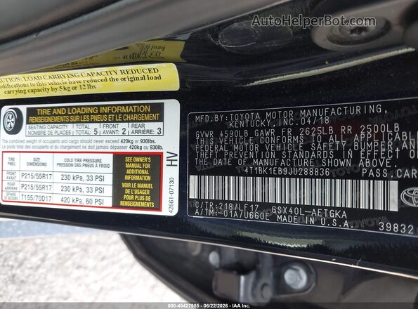 4T1BK1EB9JU288836 2018 TOYOTA AVALON Black Engine compartment view