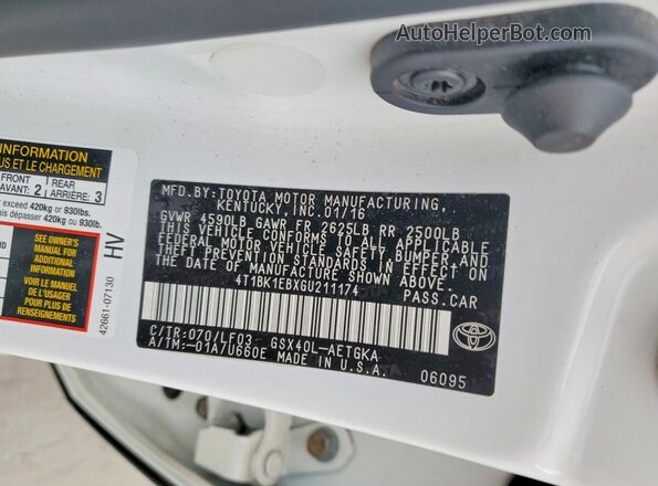 4T1BK1EBXGU211174 2016 TOYOTA AVALON White Widok naklejki z numerem VIN