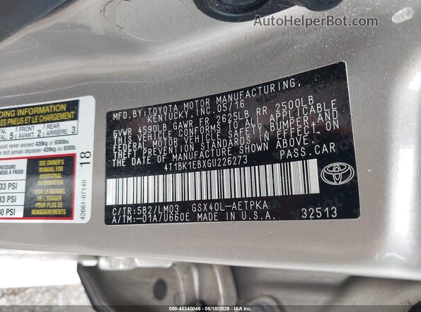 4T1BK1EBXGU226273 2016 TOYOTA AVALON Tan Widok komory silnika