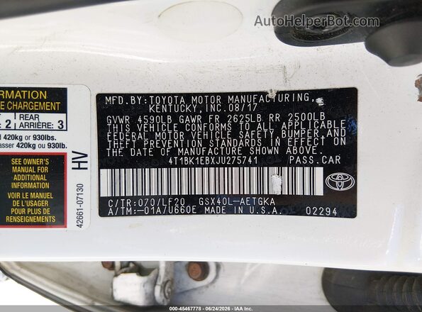 4T1BK1EBXJU275741 2018 TOYOTA AVALON White Շարժիչի բաժամունքի տեսք