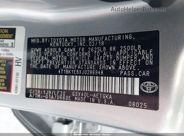 4T1BK1EBXJU286948 2018 TOYOTA AVALON Silver Engine compartment view