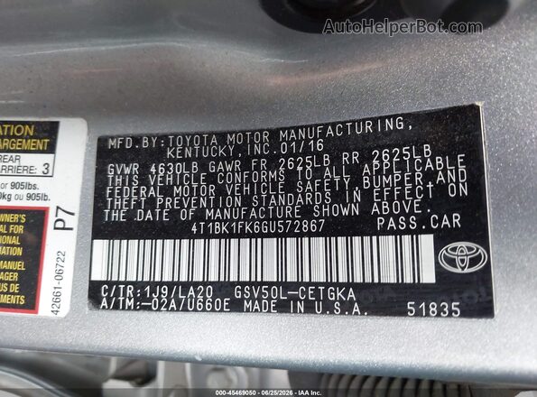 4T1BK1FK6GU572867 2016 TOYOTA CAMRY Silver Engine compartment view