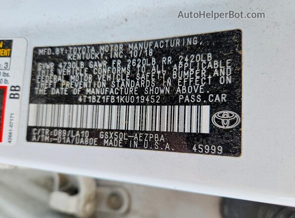 4T1BZ1FB1KU019452 2019 TOYOTA AVALON White 