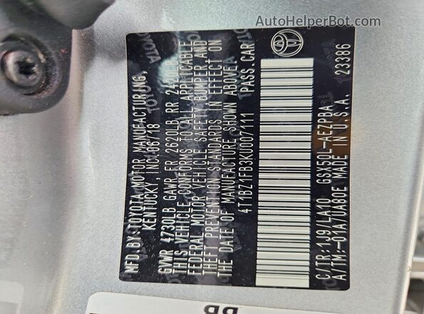 4T1BZ1FB3KU007111 2019 TOYOTA AVALON Silver Vista de la etiqueta del VIN