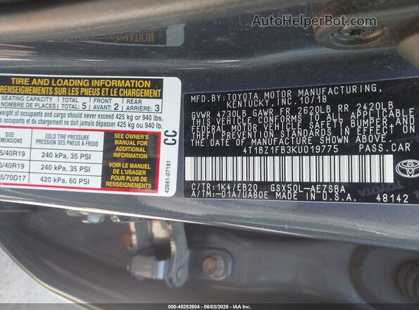 4T1BZ1FB3KU019775 2019 TOYOTA AVALON Gray 