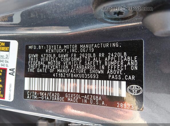 4T1BZ1FB4KU035693 2019 TOYOTA AVALON Blue Widok komory silnika