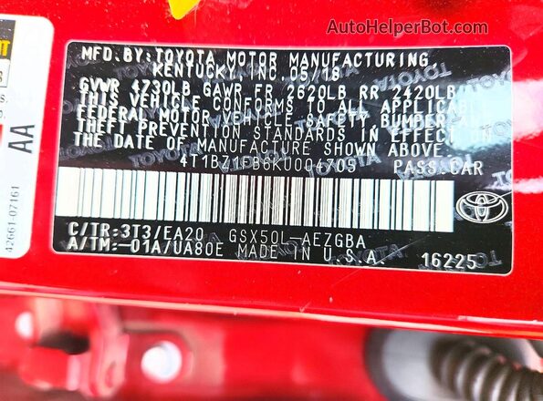4T1BZ1FB6KU004705 2019 TOYOTA AVALON Red Widok komory silnika